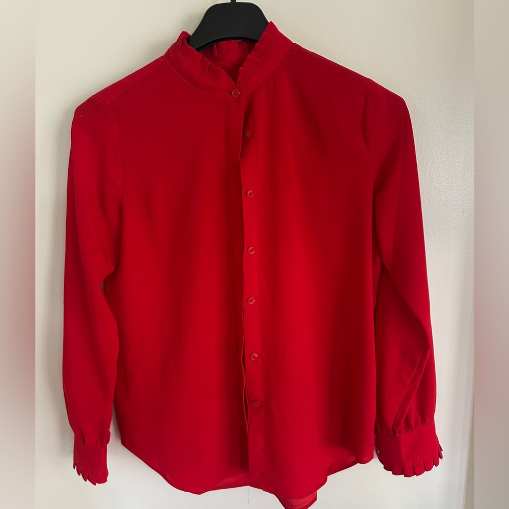 Ann Taylor Classic Red Button Down Shirt with Ruffle Detail - Size XSP